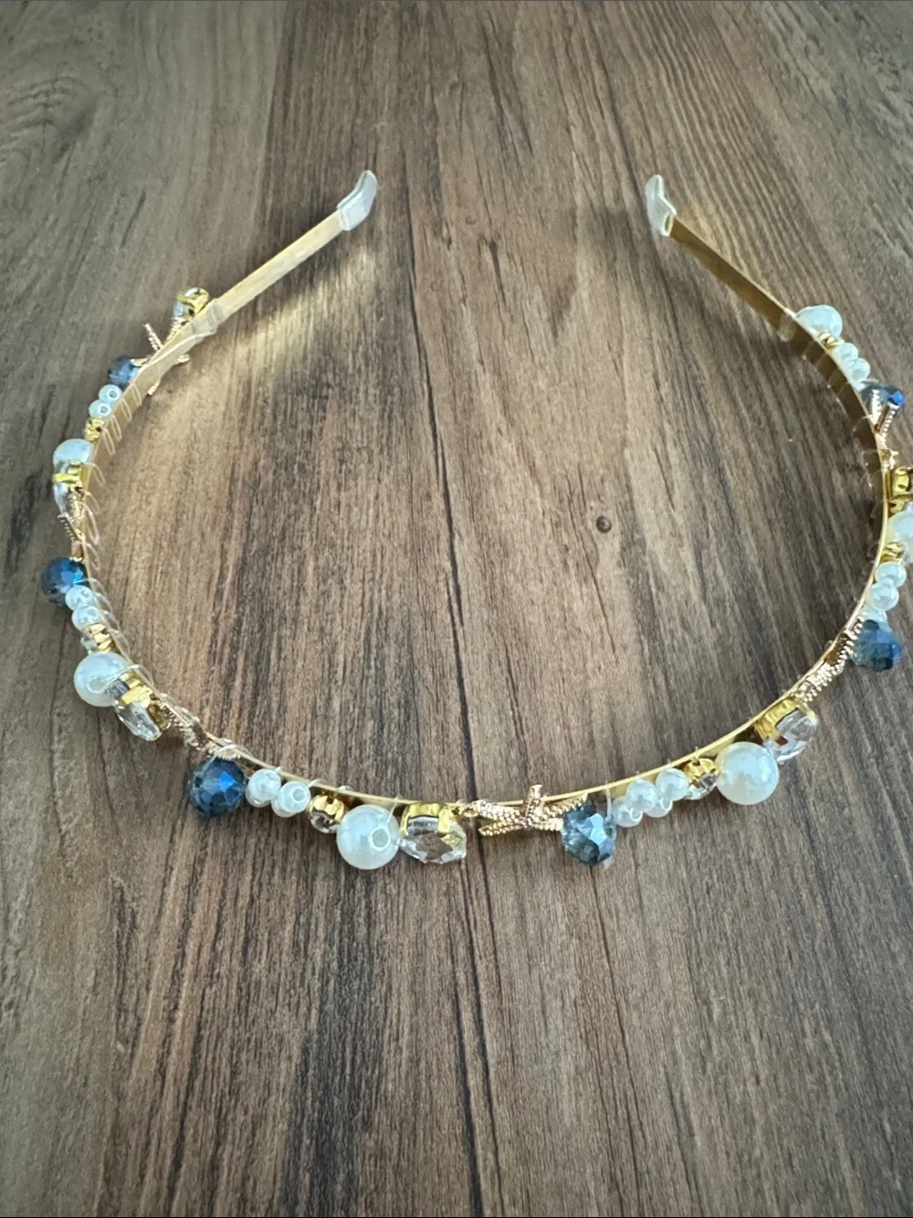 Gold Shell & Pearl Headband with Blue Crystal Accents